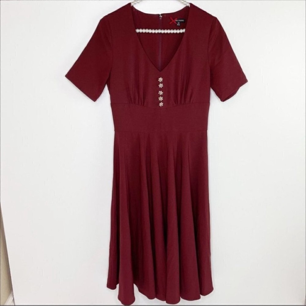 NWT Hell Bunny Burgundy Red Embellished Rhinestone Fit & Flare ModCloth Holiday - Picture 6 of 12